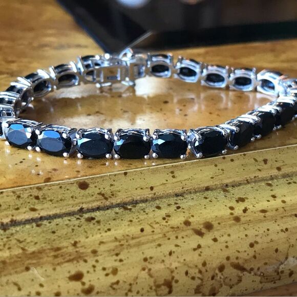 Natural Black Jade Sterling Silver Tennis Bracelet - Picture 2 of 7
